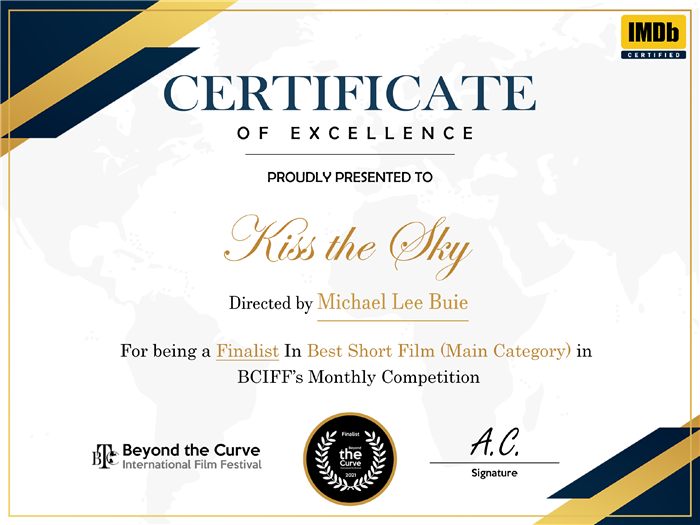 Kiss the Sky BCIFF Finalist Certificate of Excellence
